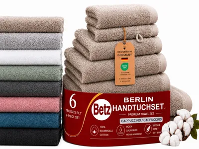 Produktbild von Betz Berlin Handtuch-Set 6 -teilig – 100% Baumwolle –® - Duschtücher, Handtücher, Gästetücher, Seiftuch,Waschhandschuhe-Cappuccino