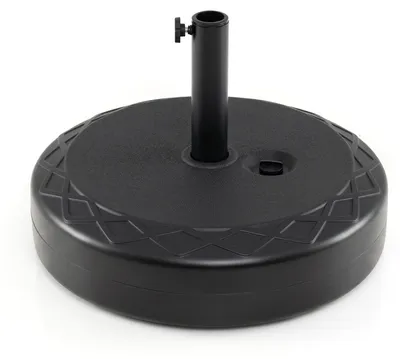 Obrázek produktu pro KOMFOTTEU, stojan na slunečník z HDPE, kulatý, 55 cm. Stojan na slunečník s rukojetí, vhodný pro slunečníky s průměrem tyče 39-49 mm. Lze naplnit vodou a pískem, maximální nosnost 52 kg. Stojan na slunečník pro terasu, zahradu a balkon, černý
