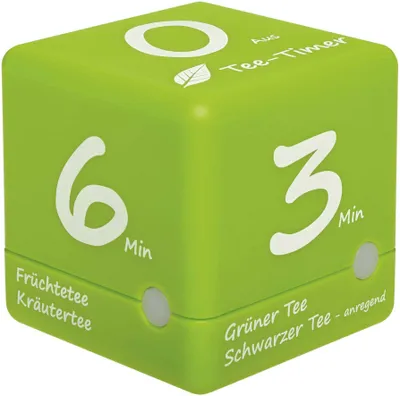 A green cube timer for tea.