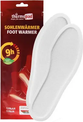 A package of foot warmers with two insoles shown next to it.