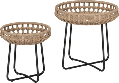 Produktbild von Outsunny 2er Set Beistelltisch Polyrattan Ø60/41 cm rund wetterfest Gartentisch Gartenmöbel für Garten, Balkon Braun