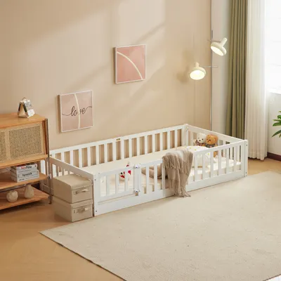Produktbild von FCH Kinderbett, Bodenbett, Zaunbett, Holzbett mit Rausfallschutz und Tür, Spielbett, für Kinder, 190*90, 41.5cm, Weiß