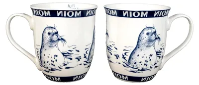 Produktbild von 2er Set maritime Porzellanbecher mit Seehund - Moin Moin - Ebbe Flut - Inhalt 400ml