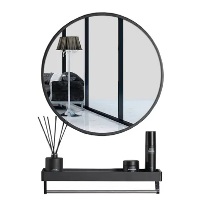 Produktbild von Hängespiegel mit Ablage und Handtuchhalter, schwarz pulverbeschichteter Metallrahmen, 80 x 80 cm Durchmesser, 3,5 cm Dicke, Ablagefläche 80 x 12 x 4–9,5 cm