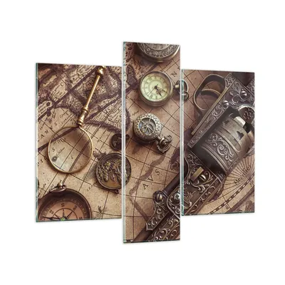 Produktbild von Bilder auf glas - 3 Teile - Kartographie Vintage Kompass - 95x80cm - Glasbilder - Wandbilder - Bilder - zum Aufhängen bereit - Wanddekoration aus Glas - Glas Bilder - Wandbild auf Glas - GCB95x80-4582
