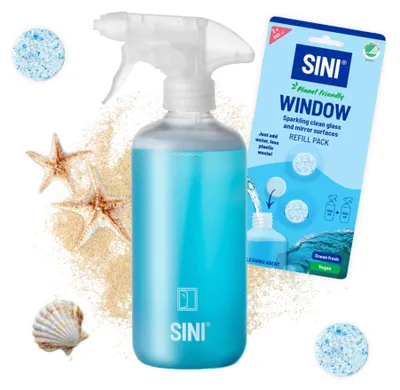 Produktbild von SINI Starterset Fenster - Flasche & 2 Tabletten - Streifenfreier Glasreiniger mit frischem Meeresduft – pH-neutral, vegan & umwelt (Nordic Swan) – Hergestellt in Finnland