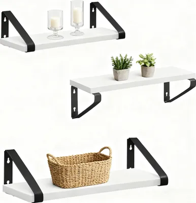 Produktbild von Relaxdays Wandregal, 3er Set, 3 Größen: 30, 35, 40 cm Breite, Holzoptik & Metall, Wandbretter für Bücher & Deko, weiß