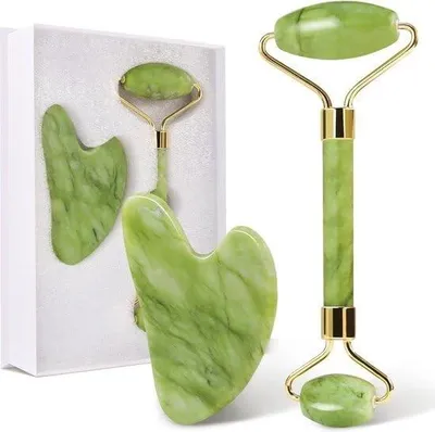 Productafbeelding van Jade Roller en Gua Sha Steentje - Gezichtsmassage Set - Verhoogt huidelasticiteit