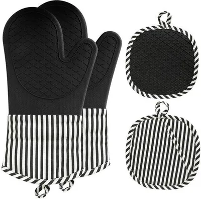 Produktbild von Unyqoos® Hitzebeständige Silikon-Ofenhandschuhe und Topflappen Set – 2 Handschuhe + 2 Topflappen, Baumwollfutter, 33 cm, bis 230°C, Anti-Rutsch Waffelstruktur