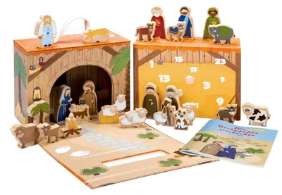 Produktbild von yoamo Spielkrippe Adventskalender für Kinder mit 24 Holzfiguren, hochwertigem Spielkoffer und Weihnachts-Geschichte, 27-teilig (1 Set)