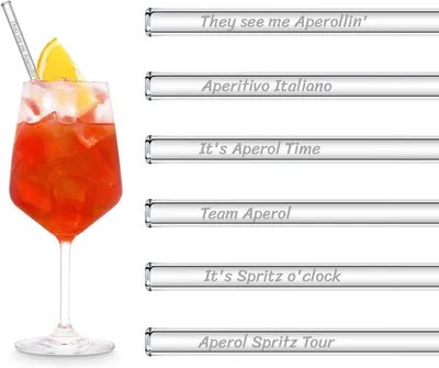 Produktbild von Geschenkset mit Glasstrohhalmen für Aperol Spritz - 6 Stück, gerade, 20 cm lang - 6 lustige Sprüche, Cocktail-Accessoires