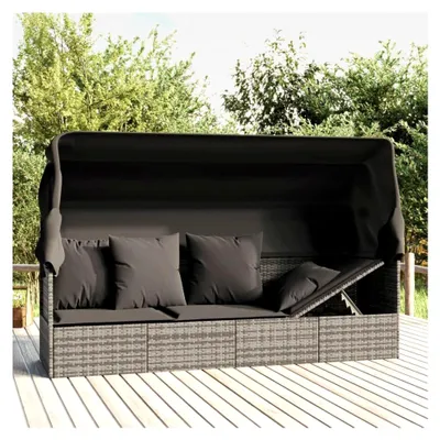 Produktbild von Gartensofa mit Sonnendach und Liegefunktion, Loungebett für den Außenbereich, Rattan Sofa für 3 Personen, Balkon Sofa mit Dach und Kissen in Grau