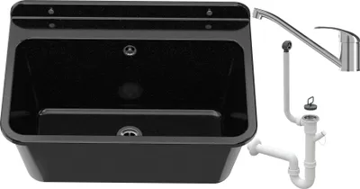 A black sink with a chrome faucet and plumbing parts on a white background.