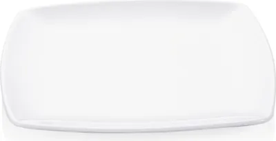 A white rectangular plate with rounded corners, shown from a slightly elevated angle.