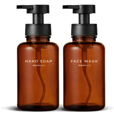 Image de Distributeurs de savon liquide, capacité de 400 ml, lot de 2, en verre ambré, avec pompes noires, pour salle de bain
