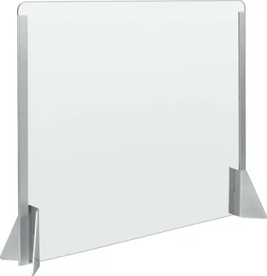 A clear, studio shot of a transparent sneeze guard with silver metal supports.