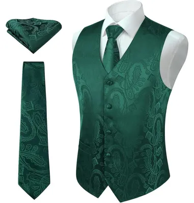 Productafbeelding van Herenset: Paisley bloemenmotief, jacquard vest, das en zakdoek, donkergroen, maat XXL