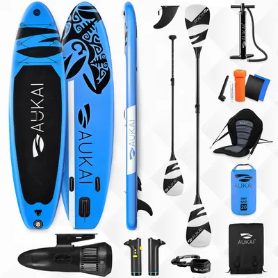 Produktbild von Stand Up Paddle Board 320cm mit Elektromotor & Kajak Sitz, Paddel und Doppelpaddel SUP Surfboard aufblasbar Surfbrett Paddelboard - Ocean blau