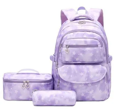 Immagine prodotto di Set di zaini per scuola, modello zaino, per ragazze adolescenti, con motivo floreale vintage, color lilla, composto da 3 pezzi: zaino, borsa per il pranzo e astuccio