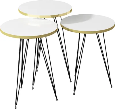 Three round side tables with white tops and gold trim, supported by black metal legs, are arranged in a staggered formation against a white background.