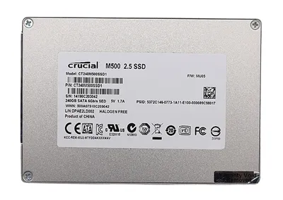 Produktbild von Crucial 240GB M500, 240 GB, Serial ATA III, 500 MB/s, 6,35 cm (2.5"), CE, FCC, UL, BSMI, C-TICK, KCC RRL, W.E.E.E., TUV, VCCI, IC, 0 - 70 °C