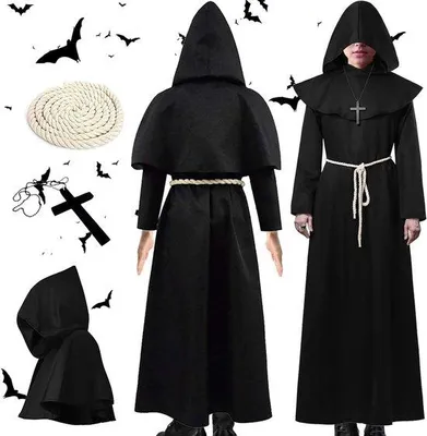 Produktbild von Mittelalterliches Mönch Kostüm mit Haar und Seil für Männer - perfekt für Halloween, Cosplay und Mottopartys