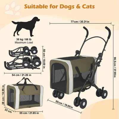 Immagine prodotto di Trasportino per animali domestici (cani, gatti) - Carrello a 4 ruote - Pieghevole - Adatto per cani e gatti di piccola e media taglia - Fino a 30 kg - Borsa portaoggetti removibile - Verde