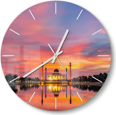 Produktbild von DEQORI Glasuhr Ø30 cm Modern 'Moschee im Abendpanorama' Wanduhr Glas Uhr Design leise