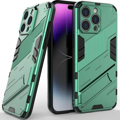 Produktbild von Armor Hülle für iPhone 14 Pro, Hybrid PC TPU Bumper Stoßfestes Schutzhülle mit Standfunktion Grün