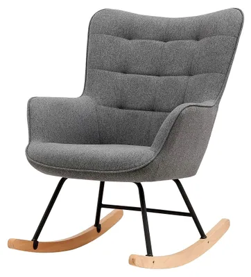 Produktbild von Schaukelstuhl RICHIE / gepolsterter Relax-Sessel / grauer Webstoff mit Steppung / matt schwarzes Metallgestell / Kufen aus Buche / Wippstuhl / Schwingsessel / B 72, H 92, T 92 cm