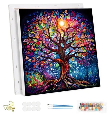 Immagine prodotto di Kit per dipingere per numeri con cornice, "Albero della vita" colorato, 30x30 cm, con colori acrilici e pennelli, ideale per il fai-da-te