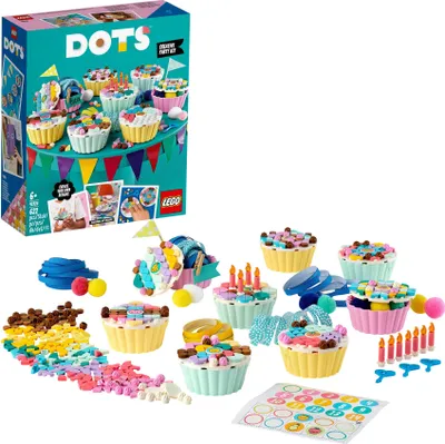 A LEGO DOTS Cupcake Party Set is displayed with the box and assembled cupcakes.