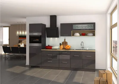 Produktbild von Küchenzeile 290 cm Grau Hochglanz, inkl. E-Geräte MARANELLO-03, Design-Glashaube schwarz mit E-Geräten B x H x T ca. 290 x 200 x 60cm