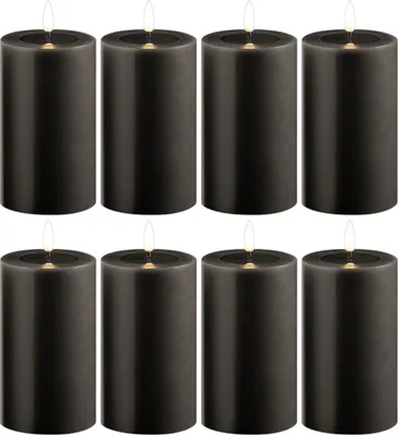 Produktbild von 8x mittlere LED Stumpenkerze mit Timer grau 7,5cm ø 12,5cm Höhe - 2 AA Batterien nötig LED Echtwachskerze mit Flackereffekt flammenlose Stumpenkerze - LED Kerze schmal Weihnachtsbeleuchtung