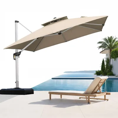 Produktbild von PURPLE LEAF Sonnenschirm 330 x 330 cm Ampelschirm Quadratischer Außenbereich Alu Doppelsonnenschirm 360° Rotation, Sonnenschutz UV50+, Beige