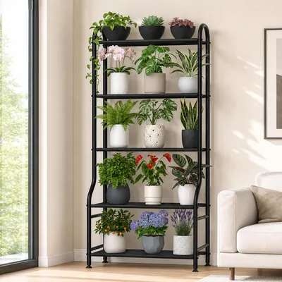 Produktbild von Pflanzenständer aus Metall mit 5 Ebenen, robustes Blumenregal für drinnen und draußen, für mehrere Töpfe, 165,1 cm hoch, vertikaler Halter mit verstellbaren Nivellierfüßen und
