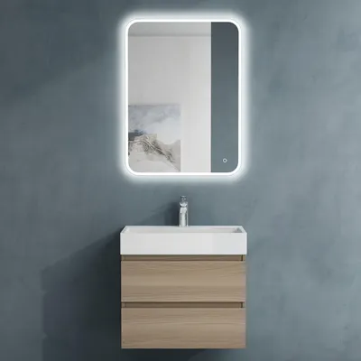 Image de doporro Meuble de Salle de Bain Chêne clair Ensemble de 3 Pièces Meuble avec Lavabo et Bonde avec Miroir 60x38x56cm Design Verona F148
