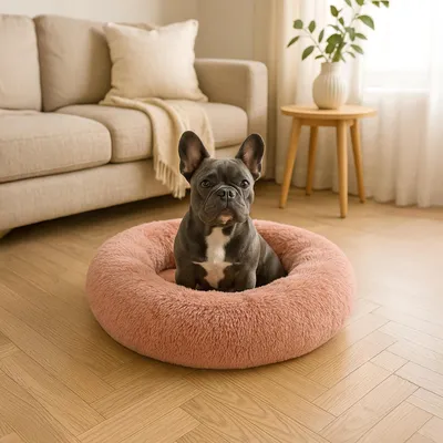 Zdjęcie produktu dla legowisko dla psa belviona donut, przytulne pluszowe legowisko z miękkim wypełnieniem, bezpiecznym uchwytem i ergonomiczną krawędzią, średnica 70 cm, ciemnoróżowe