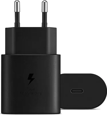 A black Samsung fast charging adapter with a USB-C port and a separate power plug.