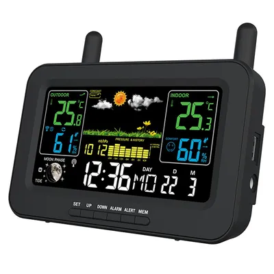 Produktbild von Drahtlose Wetterstation, Temperatur- und Feuchtigkeitsüberwachung für Innen- und Außenbereiche, mit Uhr, Wecker, Barometer und Wettervorhersage.