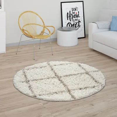 Produktbild von Teppich Wohnzimmer Hochflor Shaggy Skandi Design Mit Rauten Muster, Modern Beige Grösse Ø 120 cm Rund