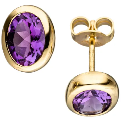 Produktbild von JOBO Ohrstecker oval 585 Gold Gelbgold 2 Amethyste lila violett Ohrringe Goldohrringe