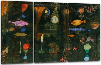 Produktbild von Leinwandbild 3-teilig (120x80cm): Paul Klee - Fischzauber, echter Holz-Keilrahmen inkl. Aufhänger, handgefertigt in Deutschland