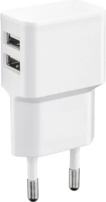 Zdjęcie produktu dla Podwójna ładowarka USB Wicked Chili kompatybilna z iPhone'em 11 Pro, Galaxy S20, Note 10, A10, A20e, A40, A51, M30s, P Smart, P30, Xiaomi Redmi (podwójny zasilacz 2,4 A, 12 W) – biała