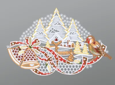 Produktbild von Fensterbild aus Plauener Spitze - Winterlandschaft mit Vogel und Glocken (Bx H) 34cm * 22cm mehrfarbig Fensterdekoration Fensterschmuck