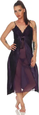 Produktbild von Damen langes Negligé Nachtwäsche Nachtkleid Dessous Satin; Aubergine M