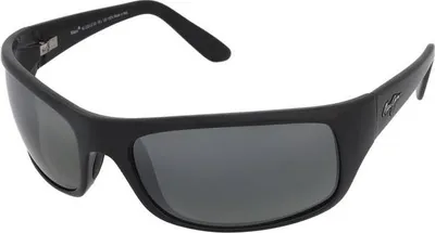 A pair of black sunglasses on a white background.