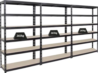Produktbild von Mega Deal | 3x Schwerlastregal Giant Tiger | HxBxT 200x120x40cm | Fachlast 265kg | 6-Ebenen | Schwarz | Garagenregal, Lagerregal, Steckregal, Kellerregal, Werkstattregal