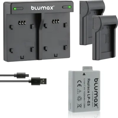 Produktbild von 1x Akku + Lader für Canon EOS 450D, EOS 500D, EOS 1000D LP-E5 1020 mAh