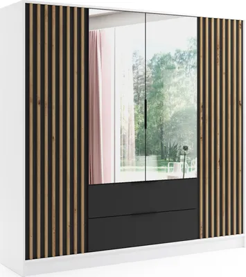 Produktbild von ALTDECOR Kleiderschrank NERA mit Spiegel und selbstschließenden Flügeltüren mit Lamel - 200 cm Weiß / Schwarz / Artisan